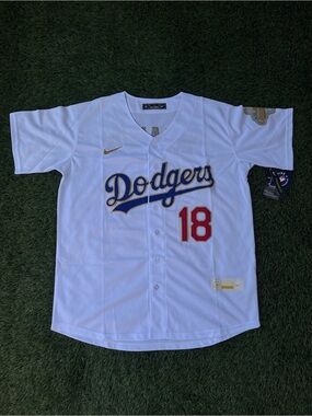 Nike White Dodgers Script Jersey with Blue Script and Red Number 18 Yamamotto